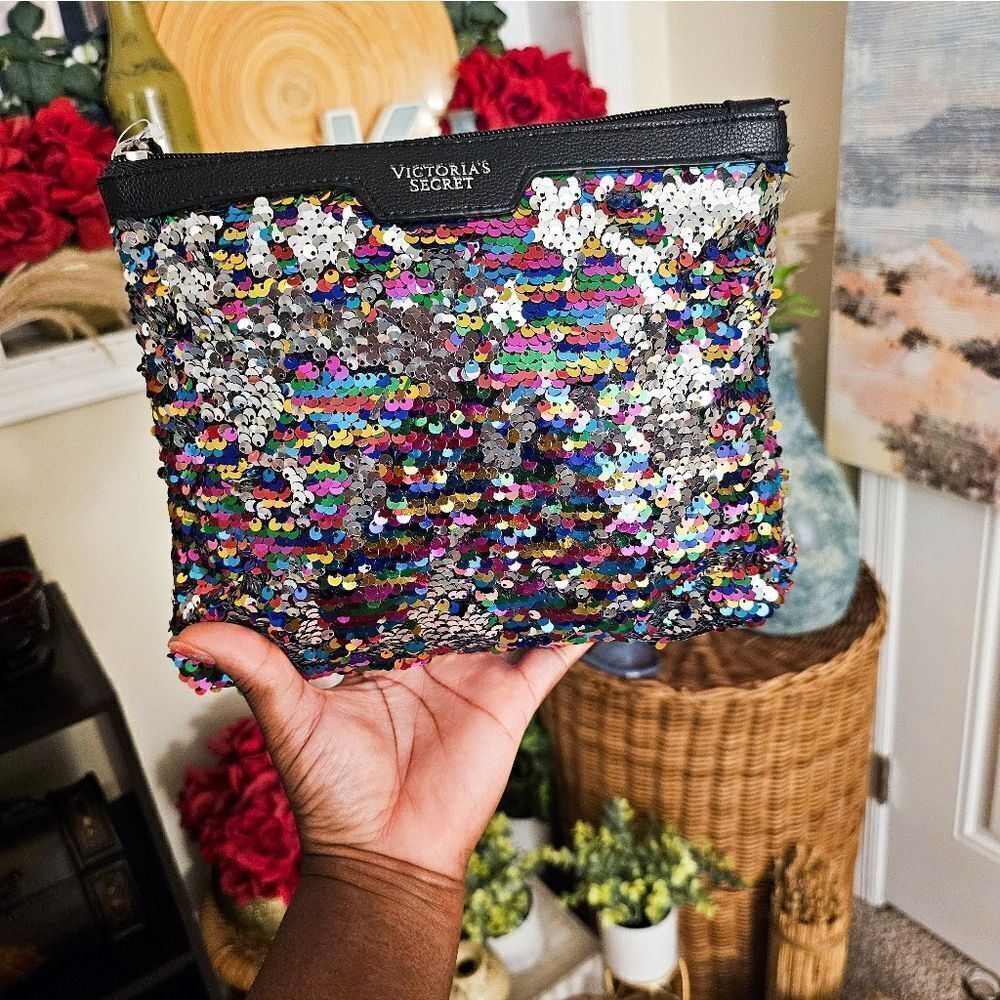 New Victoria Secret Large Sequins Faux Leather  Makeup Clutch.